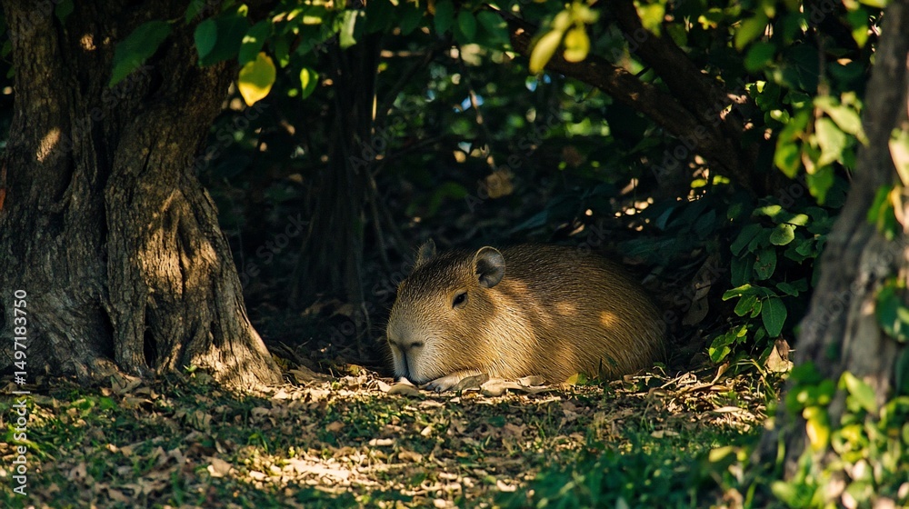 Poster a capybara rests under the shade of a tree, nestled amongst foliage and dappled sunlight.