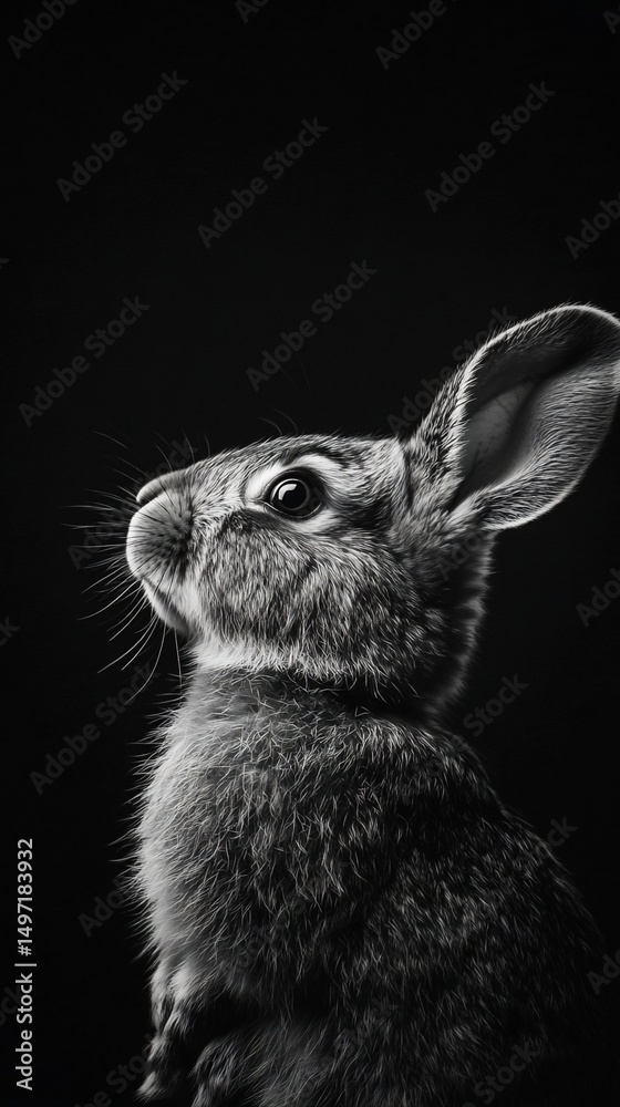 Poster black and white close-up portrait of a rabbit looking up against a dark background.