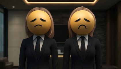 Zwei Geschäftsfrauen mit traurigen Emojis als Köpfe in einem modernen Büro