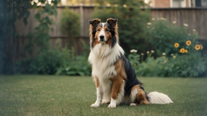 A cute Australian Shepherd dog sitting on a grassy lawn in a backyard with plants and flowers.