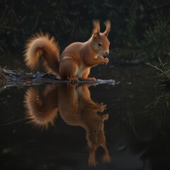 Red squirrel's reflection in dark, still water, dramatic contrast,  nature,  reflection,  pond