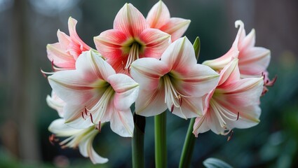 A cluster of pink and white amaryllis flowers in bloom.