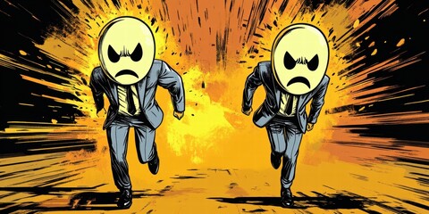 Zwei Geschäftsmänner im Comic-Stil, die vor einer Explosion davonlaufen