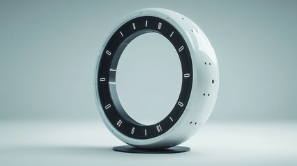 Futuristic white ring sculpture with numerical markings on a minimalist background