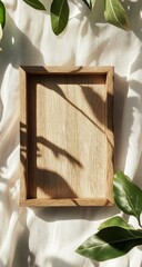 Wooden Tray with Leaves, and Sunlight Mockup.