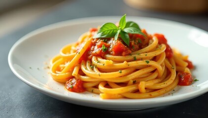 Elegant pasta dish, vibrant sauce, clean backdrop , pasta, healthy, white background