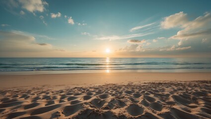 Beach scene at sunset with sand and ocean, peaceful and calm. Nature and scenery, outdoor landscape. The concept of tranquility and natural beauty.