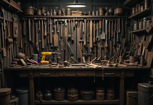 Well organized woodworking workshop with various hand tools and a yellow drill on workbench illuminated by overhead lamp