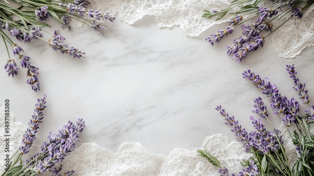 Poster Lavender sprigs arranged on marble surface with lace, creating a frame.
