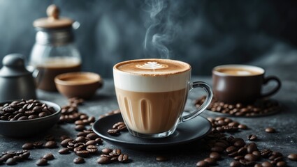 Fototapeta premium A cup of coffee with steam, surrounded by coffee beans, jars, and cups on a dark background.