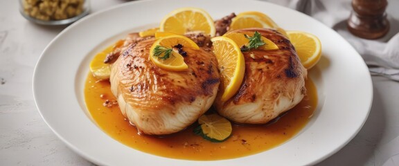 Perfectly roasted chicken breast with vibrant citrus glaze on white plate ,  restaurant,  crispy skin