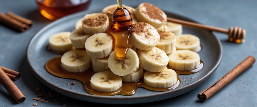 Sliced bananas topped with honey on a plate, with cinnamon sticks and honey in the background. Healthy fruit snack or breakfast. Delicious and nutritious. - Powered by Adobe