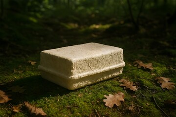 Sustainable packaging made from mycelium rests on moss in a forest. Ideal for illustrating biodegradable materials, zero-waste design, and eco-friendly innovation.