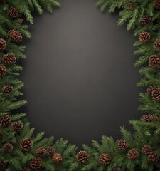 Lush fir branches & pine cones, rustic Christmas border , brown, border