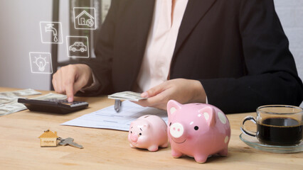 Allocate money for household expenses concept. people use calculator to calculate and divide money into bills for house utility payment. home budget investment strategy management.