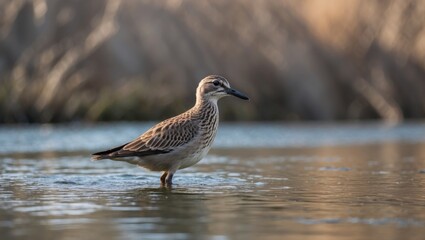 Fototapeta premium A bird standing in water on a calm day with blurred trees and bushes in the background.
