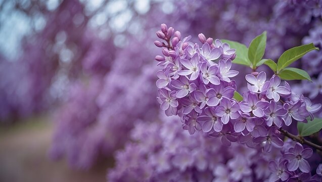 Purple hydrangea flowers in bloom with green leaves and blurred background.