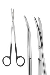 Curved Surgical Scissors Made of Stainless Steel, with distinctive black ring handles – Medical Instrument Close-Up on White Background for Healthcare and Surgical Use, Set of photos, macro