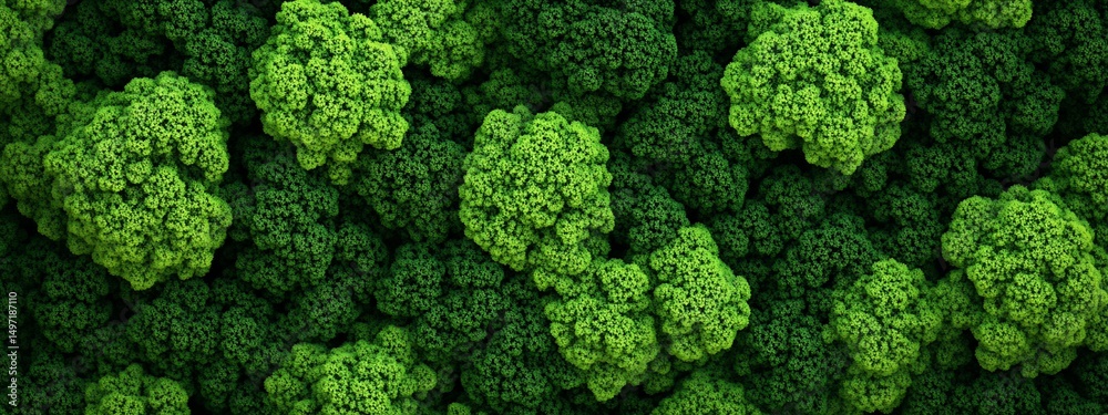 Poster Lush green abstract texture of clustered spheres, reminiscent of a dense forest canopy or a microscopic view of cells.
