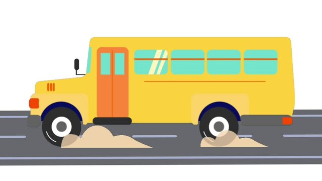 animated cartoon video of a school bus driving on an asphalt road isolated in white
