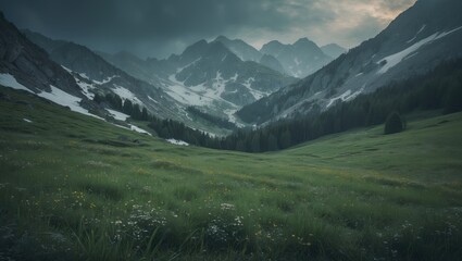Fototapeta premium Lush green valley with snow-capped mountains and forested slopes under a cloudy sky.