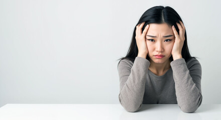 Stressed young asian woman sitting at table feeling overwhelmed.  Sad asian woman holding her head in her hands showing exhaustion and stress.  This image depicts stress and anxiety,