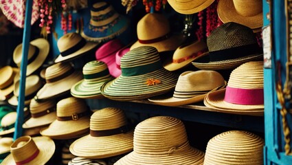 A variety of hats on display in a market stall with colorful hats hanging in the background. Accessories and fashion, concept. Style and shopping. The concept of headwear and retail displays