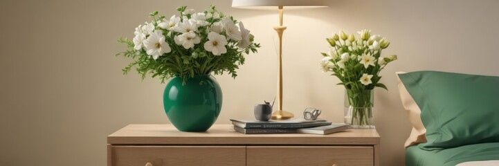 Elegant vase, blooming flowers, on trendy beige nightstand, emerald green sheets ,  interior styling,  bedroom styling