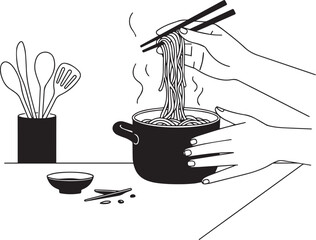 Delicious noodles cooking in pot hands using chopsticks kitchen utensils