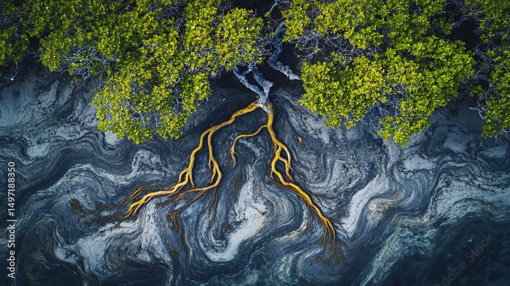 Poster aerial view of tree with exposed roots on a swirled, textured shoreline.