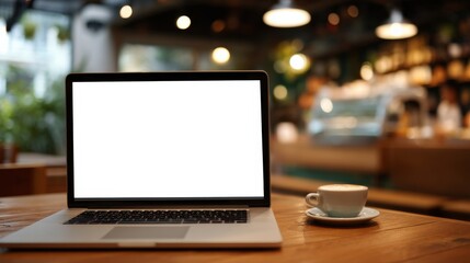 Bright kitchen interior featuring an open laptop with blank screen ready for productivity..