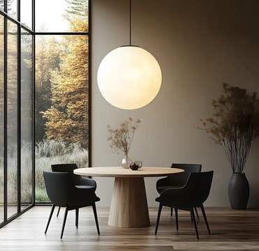 Modern dining room with round table, black chairs, and large sph