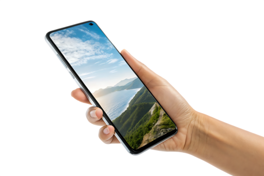 Hand holding smartphone displaying scenic coastal view isolated on a white background png - Powered by Adobe