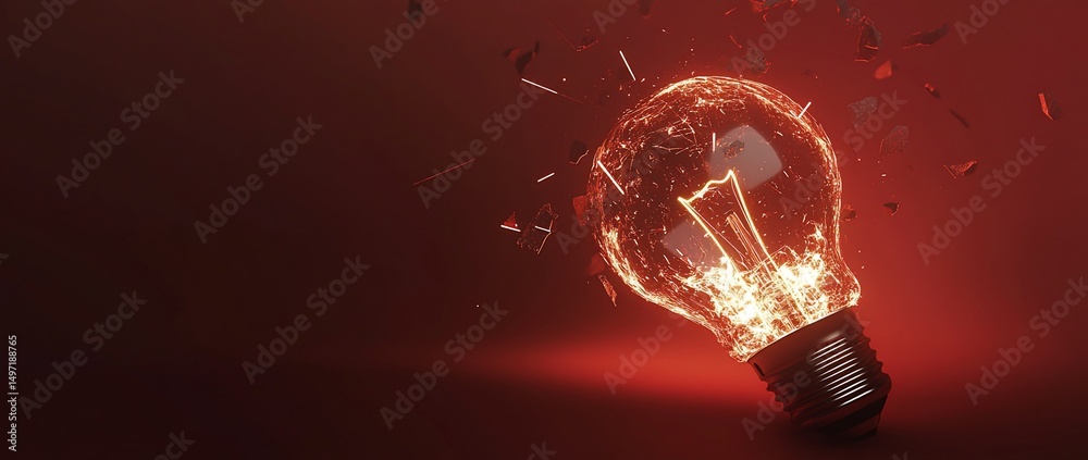 Poster shattered lightbulb with glowing fragments on red background.