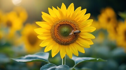 Fototapeta premium A single sunflower in a field with a bee on it, bathed in sunlight. A beautiful summer day