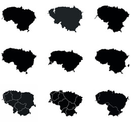 Lithuania  Map Silhouettes Bundle - Set of 9 Black Outline Maps with Regions