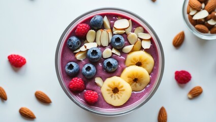 Fresh berry smoothie bowl topped with blueberries, raspberries, banana slices, and almonds, served in a bowl on a white surface.