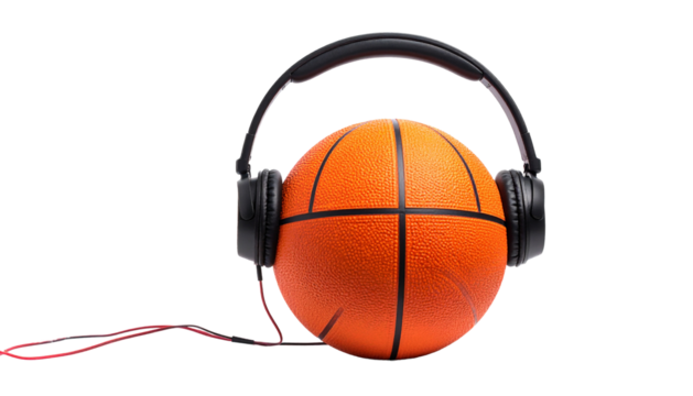 Headphones on a basketball ball, sport and music concept isolated on transparent or white background