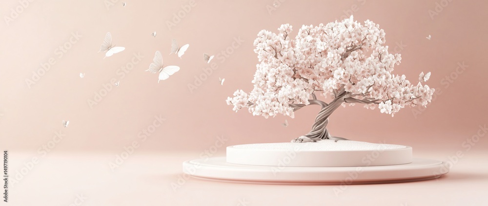 Poster Minimalist 3D render of a blossoming tree with butterflies on a platform.