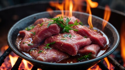 Grilled meat in a pan with fire and flames, fresh herbs on top, highlighting cooking and culinary techniques.