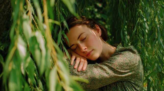 Calm young woman resting in child pose under a large willow tree..