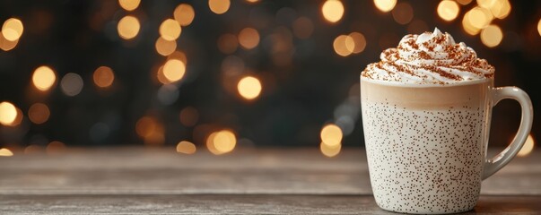 A cozy cup of whipped cream-topped coffee sits on a wooden table with warm, festive lights in the background.