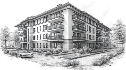 Obraz premium Architectural Design: Luxurious Apartment Building Sketch