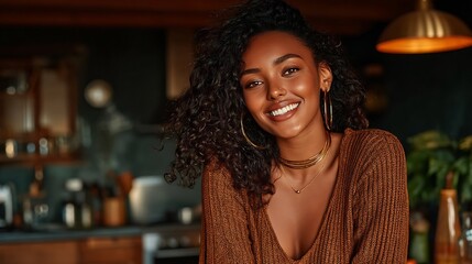 Happy Black Woman Smiling Kitchen Portrait.