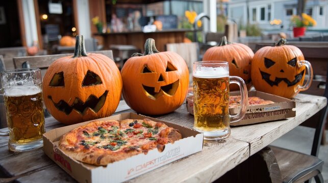 Casual team celebration with Halloween pumpkins, beer mugs, and pizza boxes spread on table..