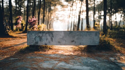 Folding solar panel for hikers project. Stone bench in a serene forest setting surrounded by greenery.