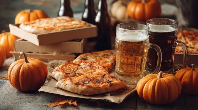 Casual team celebration with Halloween pumpkins, beer mugs, and pizza boxes spread on table..