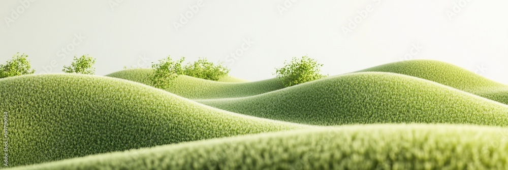 Poster lush green rolling hills with small trees under a bright sky.