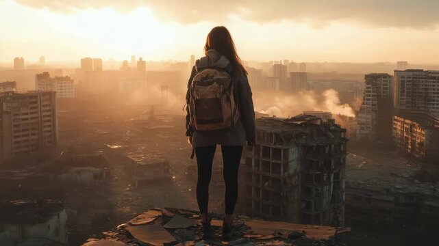Apocalyptic landscape crumbling under amber sunset, lone survivor scanning desolate cityscape from fractured concrete debris, bearing weathered backpack