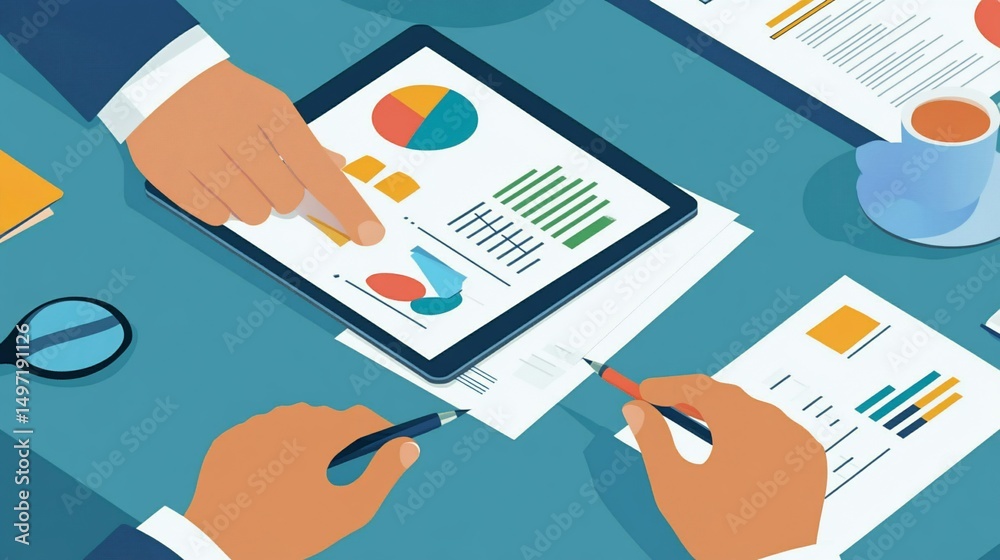 Poster two hands reviewing financial data on a tablet with charts and graphs, during a business meeting.